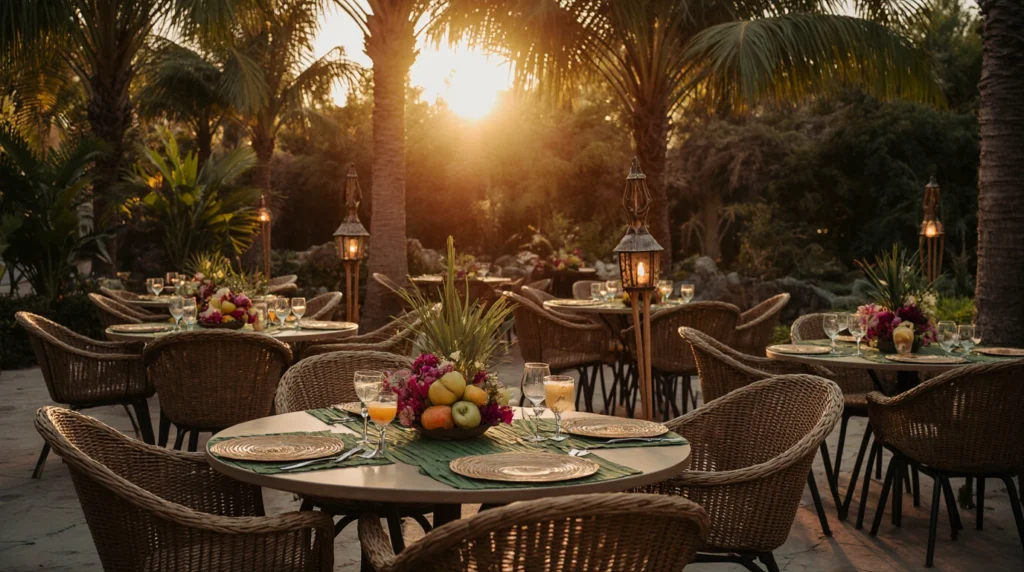 Tropical garden party with palm leaves, rattan seating, and tiki torches.