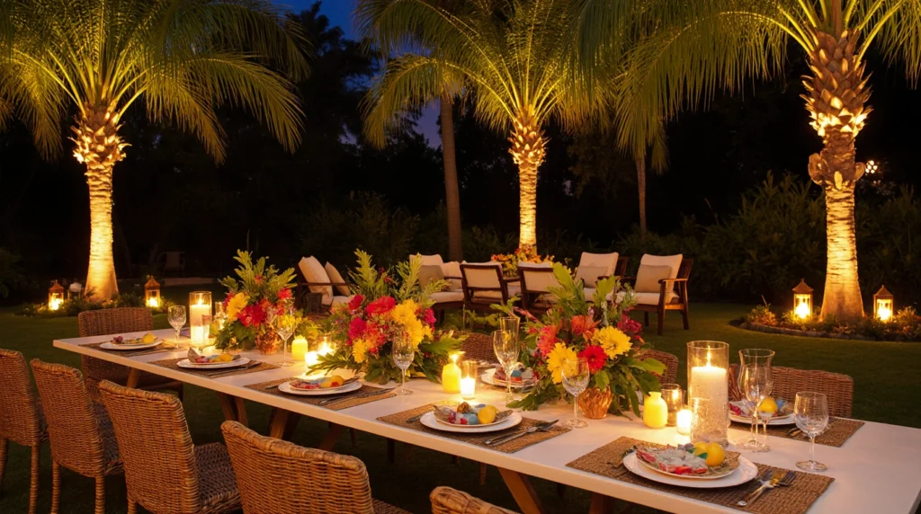 Tropical garden party with palm leaves, rattan seating, and tiki torches.