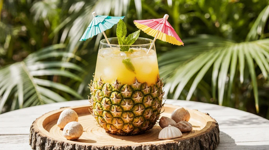 Tropical cocktail in a hollowed pineapple on a bamboo tray.