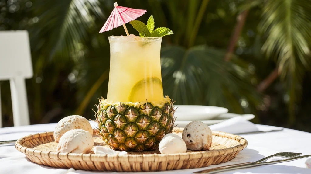 Tropical cocktail in a hollowed pineapple on a bamboo tray.
