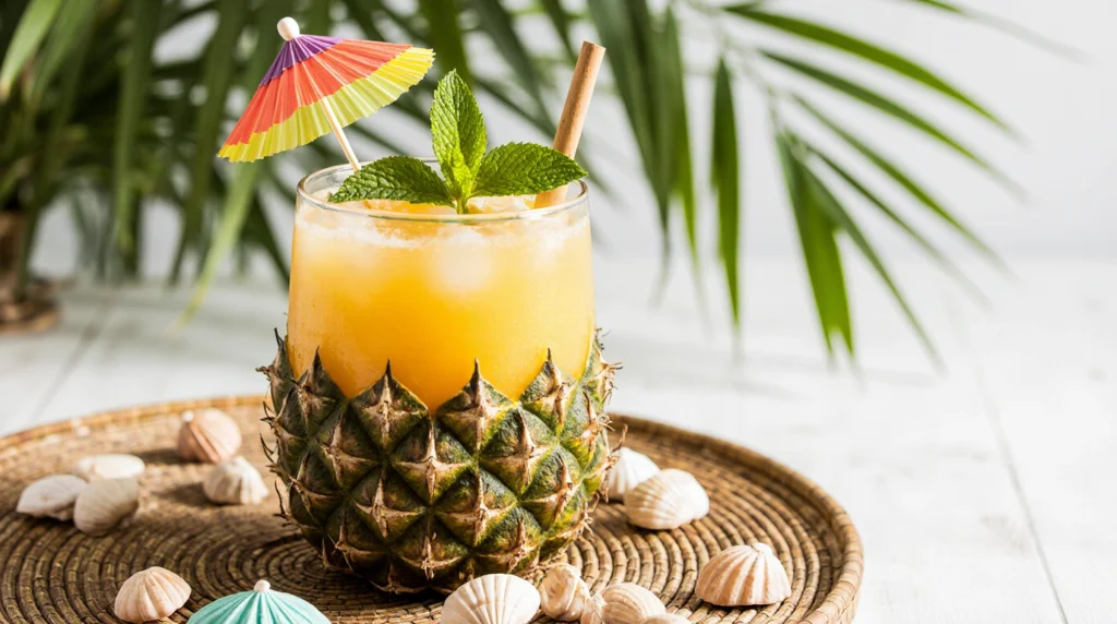 Tropical cocktail in a hollowed pineapple on a bamboo tray.