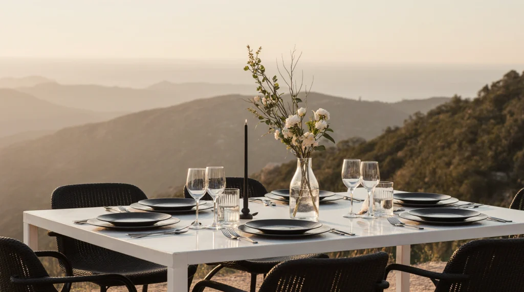 Modern minimalist outdoor table with single-stem florals and monochrome tableware.