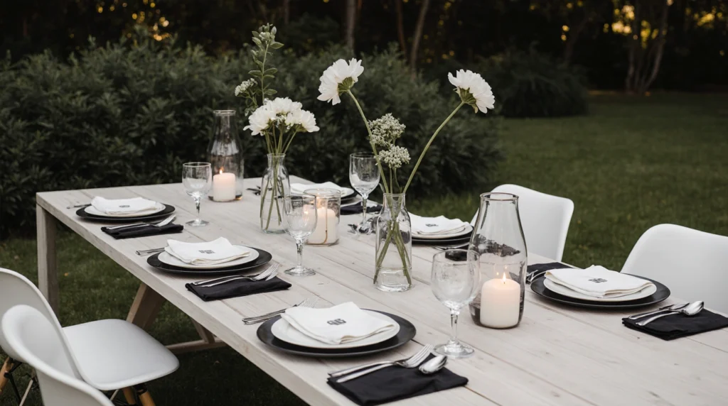Modern minimalist outdoor table with single-stem florals and monochrome tableware.