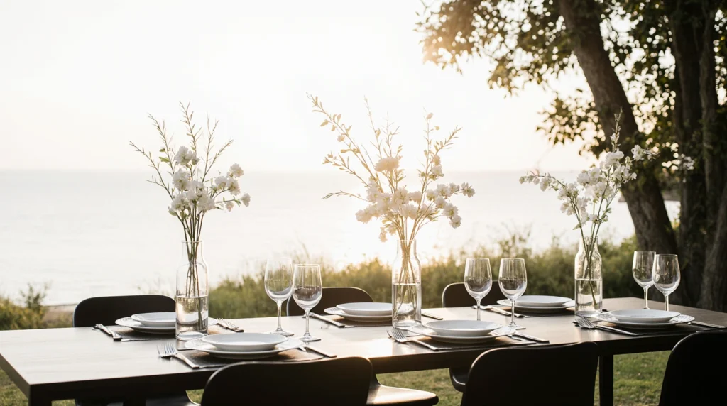 Modern minimalist outdoor table with single-stem florals and monochrome tableware.