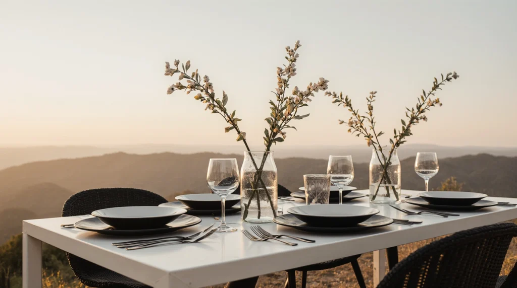 Modern minimalist outdoor table with single-stem florals and monochrome tableware.