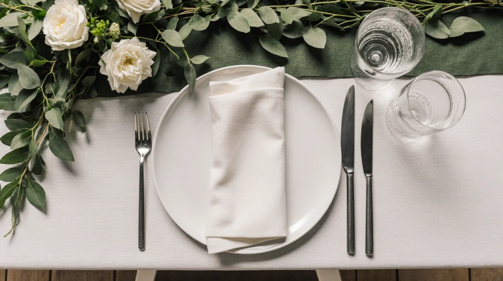 Minimalist place setting with single-stem vase and monochrome napkin.