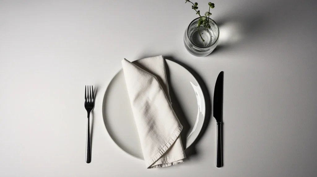 Minimalist place setting with single-stem vase and monochrome napkin.