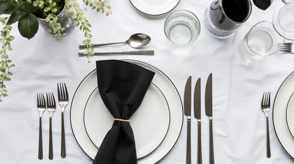 Minimalist place setting with single-stem vase and monochrome napkin.