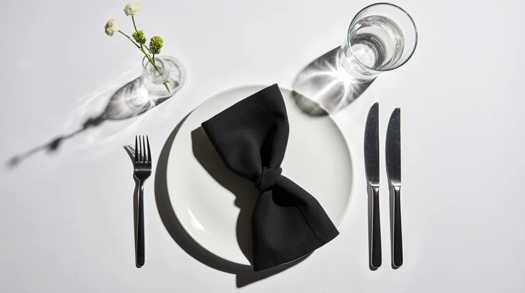 Minimalist place setting with single-stem vase and monochrome napkin.