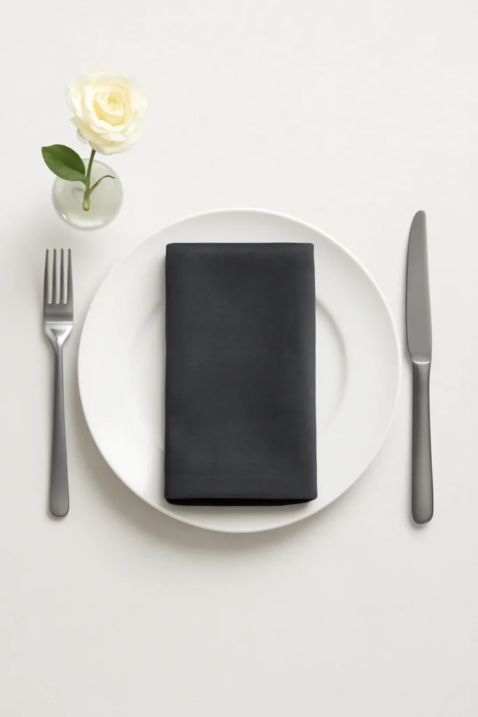 Minimalist place setting with single-stem vase and monochrome napkin.