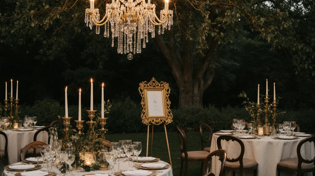 Vintage glam table with gold candleholders, crystal glassware, and chandelier.