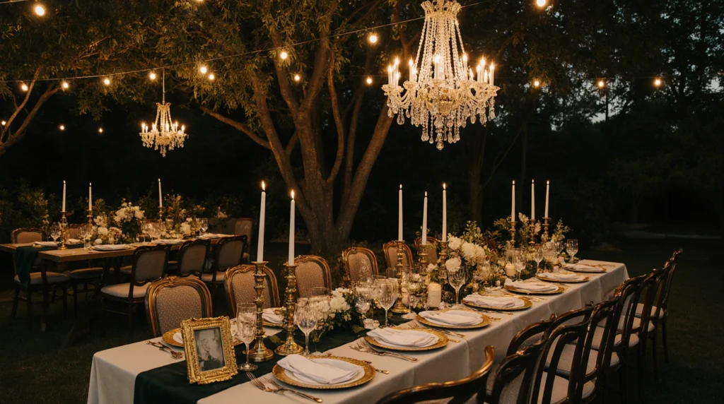 Vintage glam table with gold candleholders, crystal glassware, and chandelier.