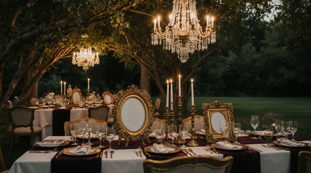 Vintage glam table with gold candleholders, crystal glassware, and chandelier.