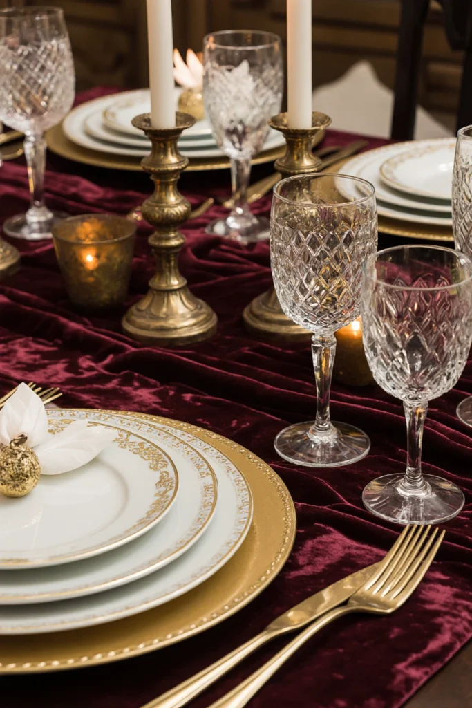 Velvet runner with gold-rimmed plates and candlelit crystal flutes.