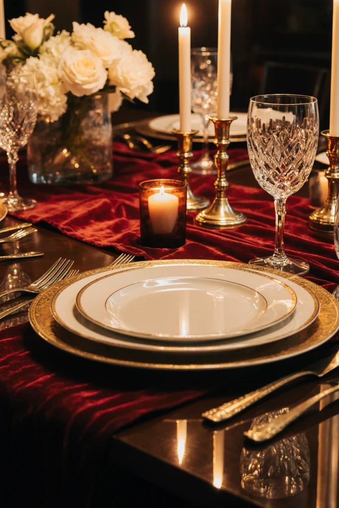 Velvet runner with gold-rimmed plates and candlelit crystal flutes.