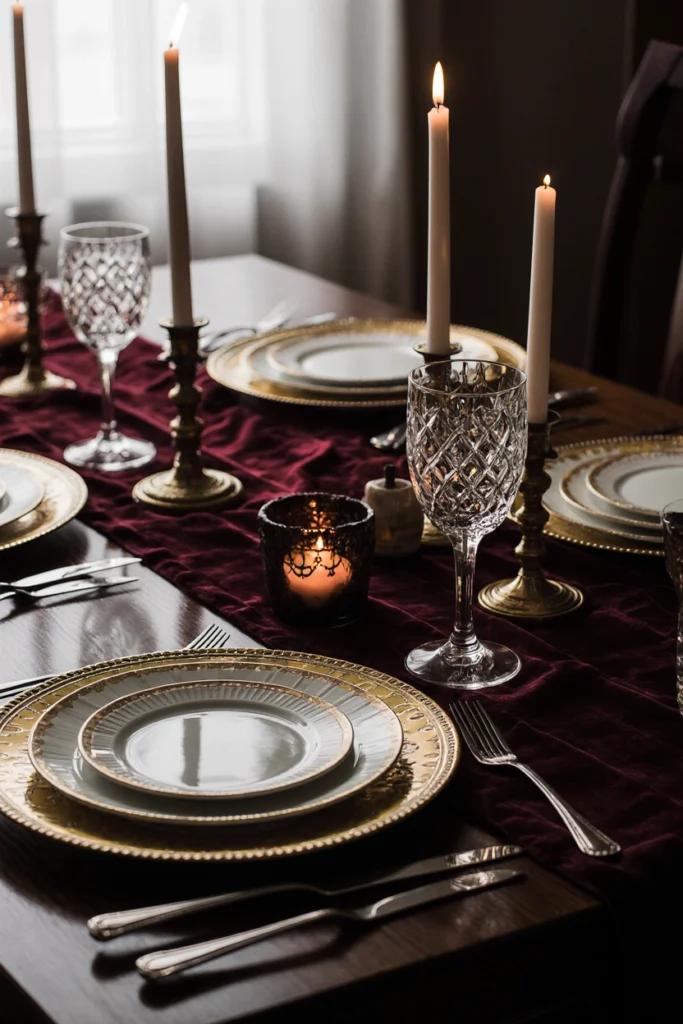 Velvet runner with gold-rimmed plates and candlelit crystal flutes.