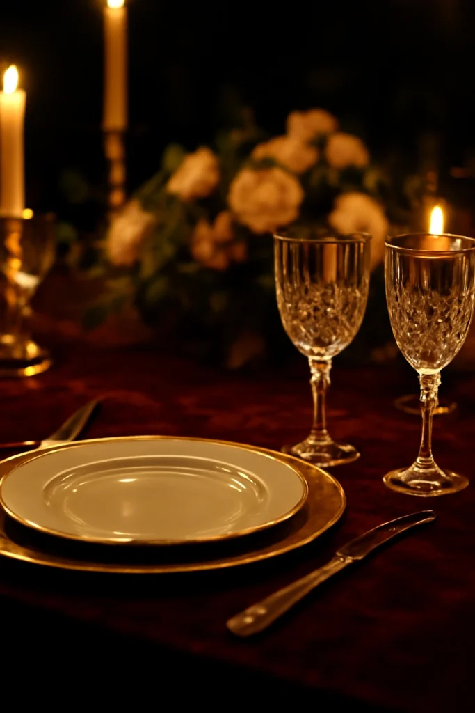 Velvet runner with gold-rimmed plates and candlelit crystal flutes.