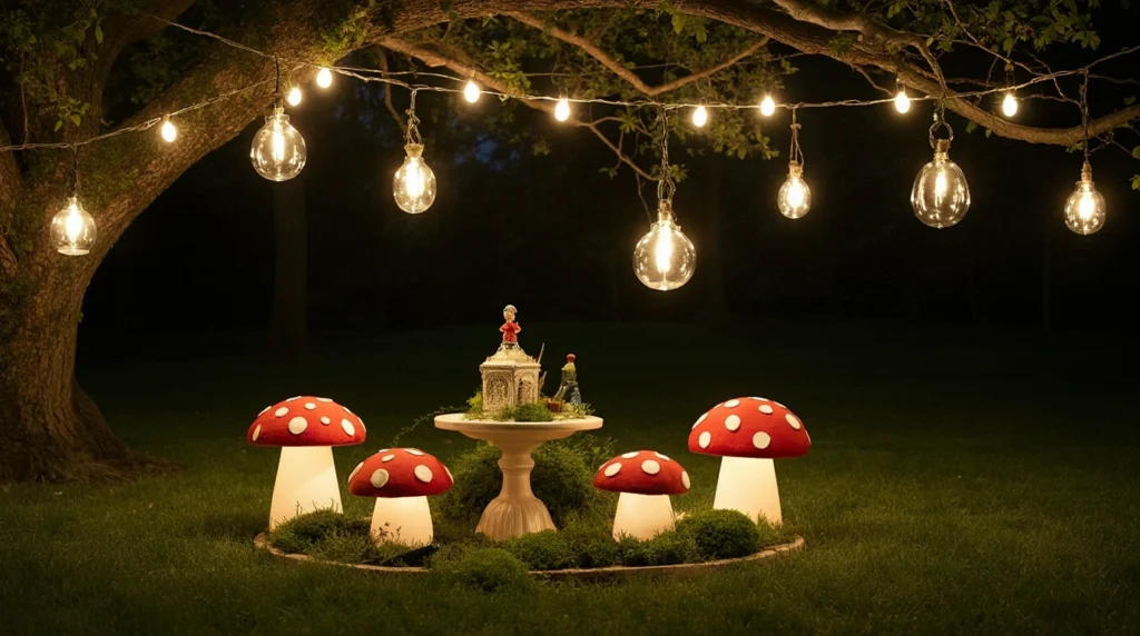 Fairy garden scene with string lights, mushroom stools, and moss accents.