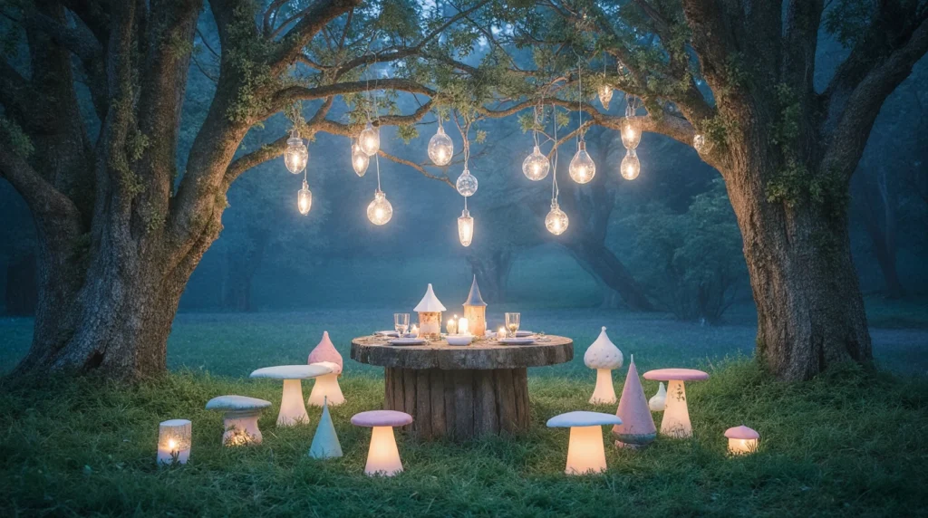 Fairy garden scene with string lights, mushroom stools, and moss accents.