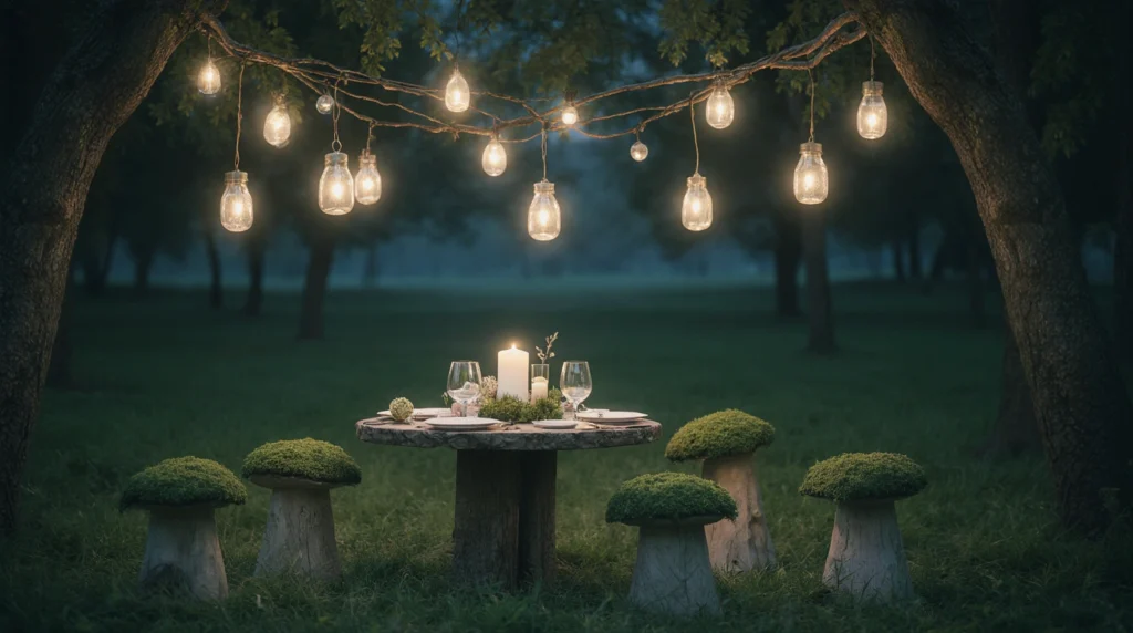 Fairy garden scene with string lights, mushroom stools, and moss accents.