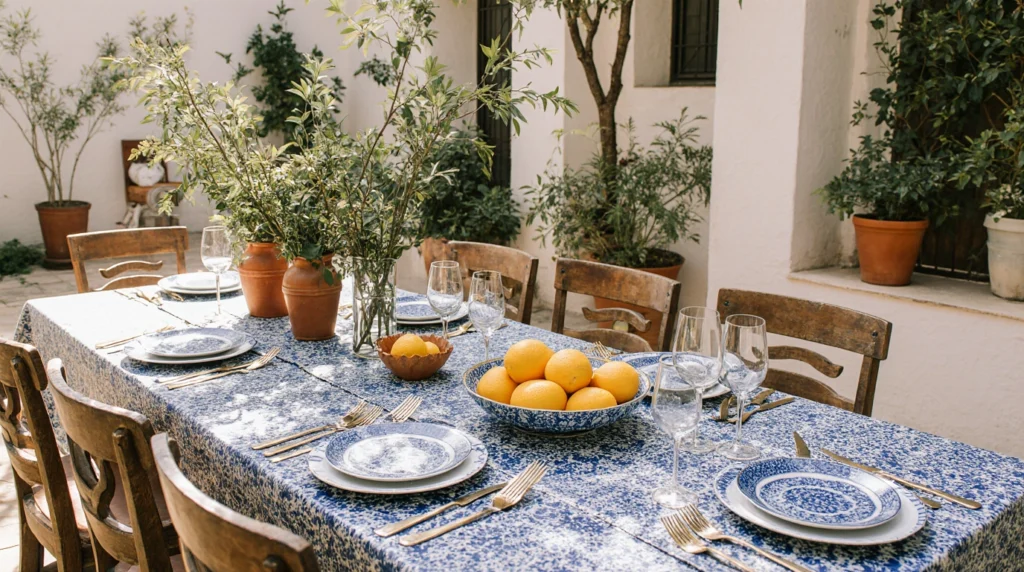 Mediterranean table with citrus centerpieces, olive branches, and terracotta pots.