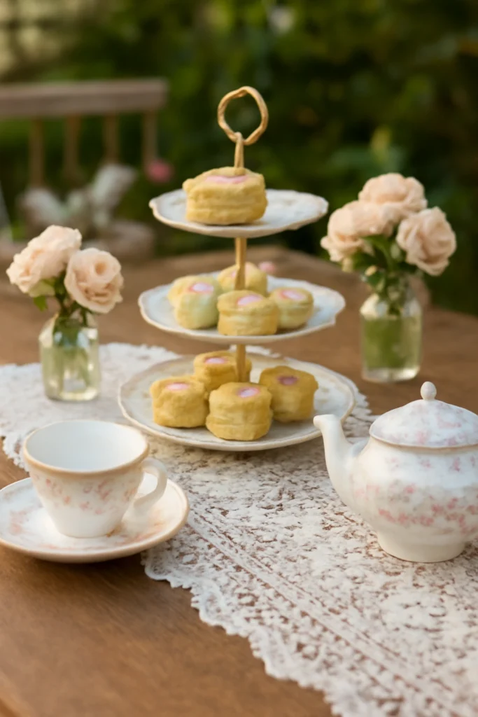 English tea table with lace runner, tiered pastries, and floral china.