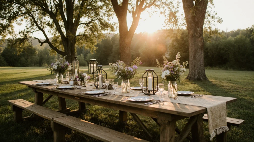 Farmhouse table with mason jar wildflowers and burlap runner.