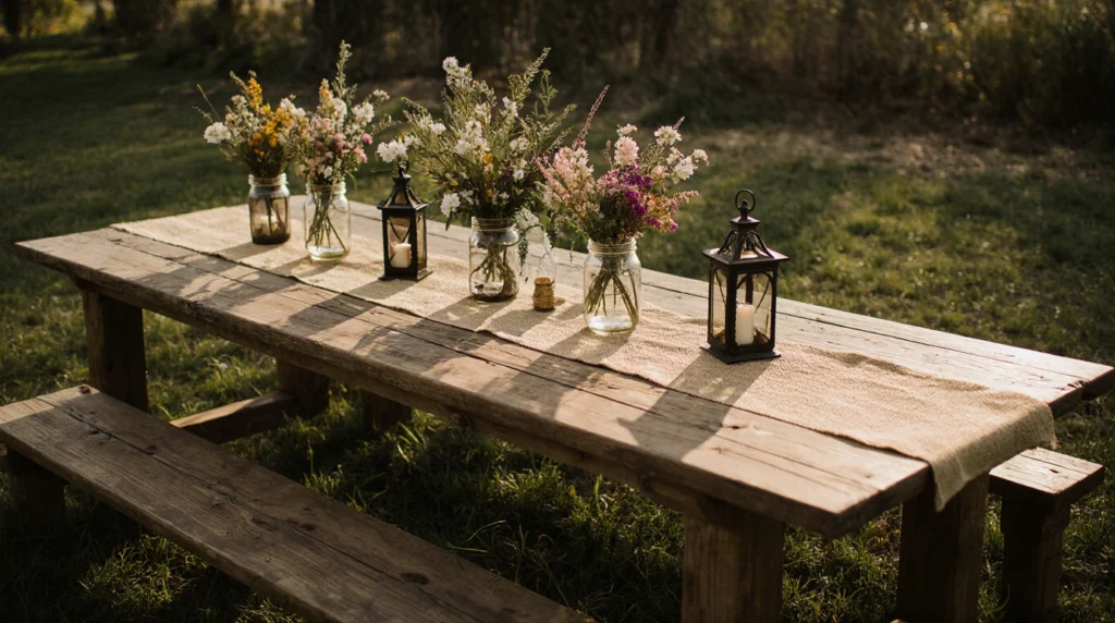 Farmhouse table with mason jar wildflowers and burlap runner.