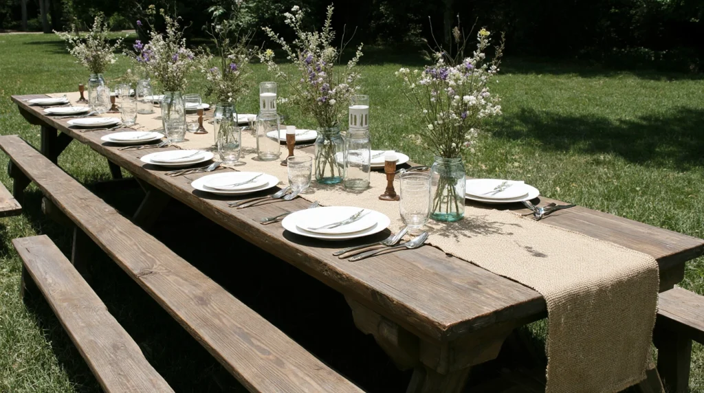Farmhouse table with mason jar wildflowers and burlap runner.