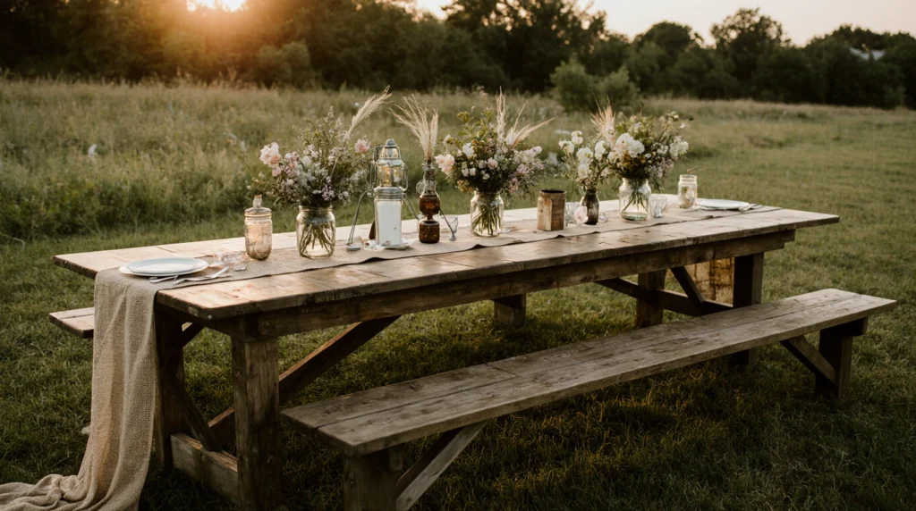 Farmhouse table with mason jar wildflowers and burlap runner.