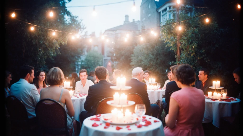 English tea garden lit by string lights with guests enjoying tea.