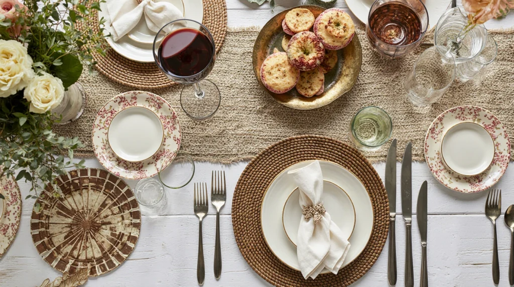 Boho tableware layout with mismatched plates and woven placemats.