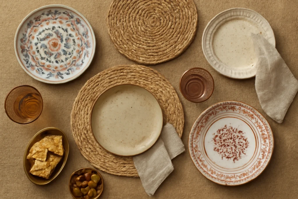 Boho tableware layout with mismatched plates and woven placemats.