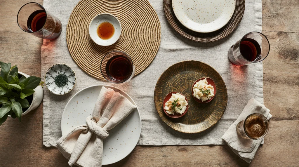 Boho tableware layout with mismatched plates and woven placemats.