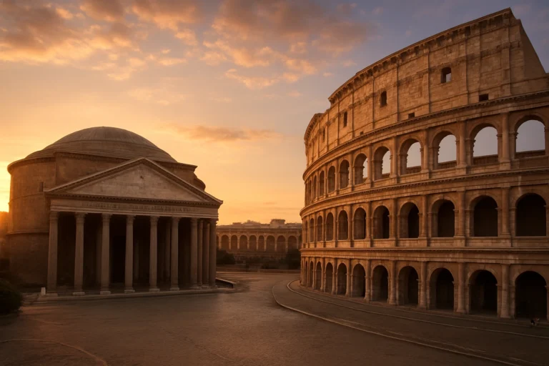 Ancient Roman architecture landmarks including Pantheon and Colosseum at sunset.