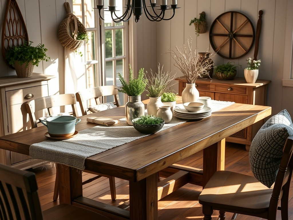 Warm farmhouse living room with rustic wood beams and cozy neutral decor.