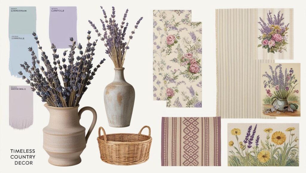 Color palette board with English country style hues and patterns - English Country Decor.