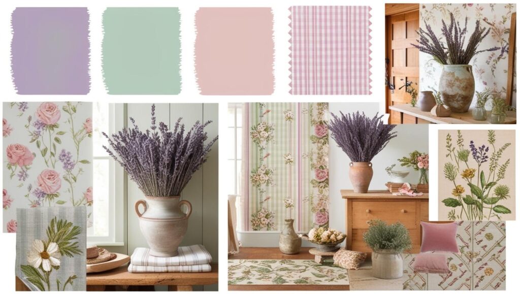 Color palette board with English country style hues and patterns - English Country Decor.