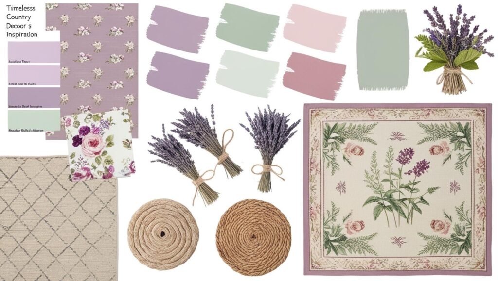 Color palette board with English country style hues and patterns - English Country Decor.
