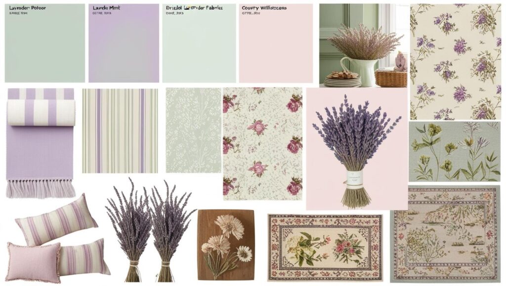 Color palette board with English country style hues and patterns - English Country Decor.