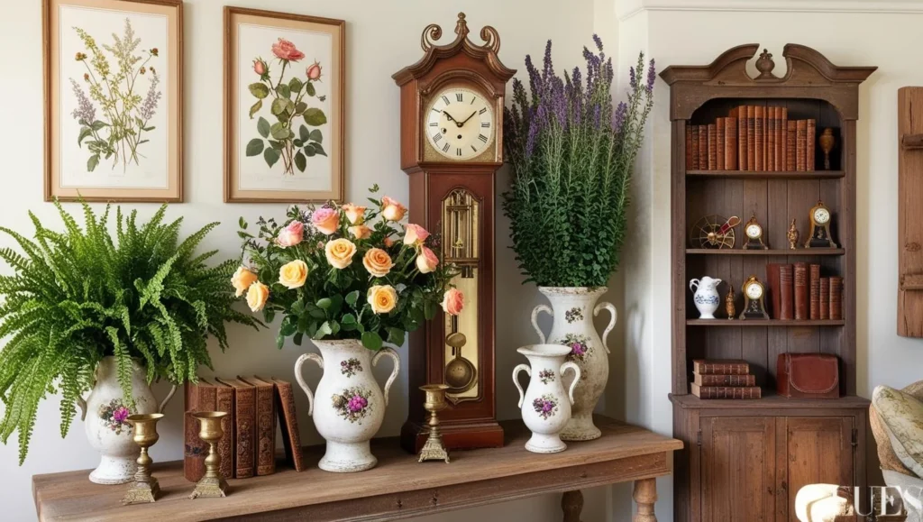 English country decor vignette with art, antiques, and natural elements.