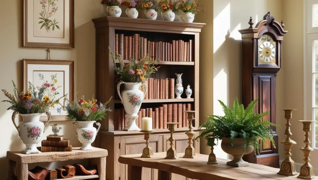 English country decor vignette with art, antiques, and natural elements.