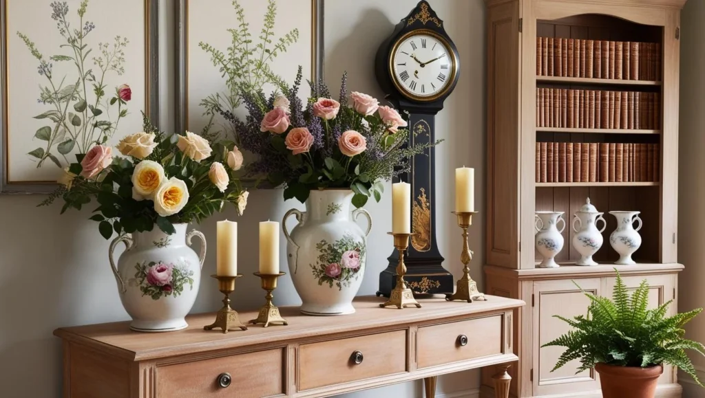 English country decor vignette with art, antiques, and natural elements.