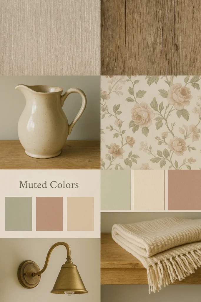 Color palette board with English country style hues and patterns - English Country Decor.