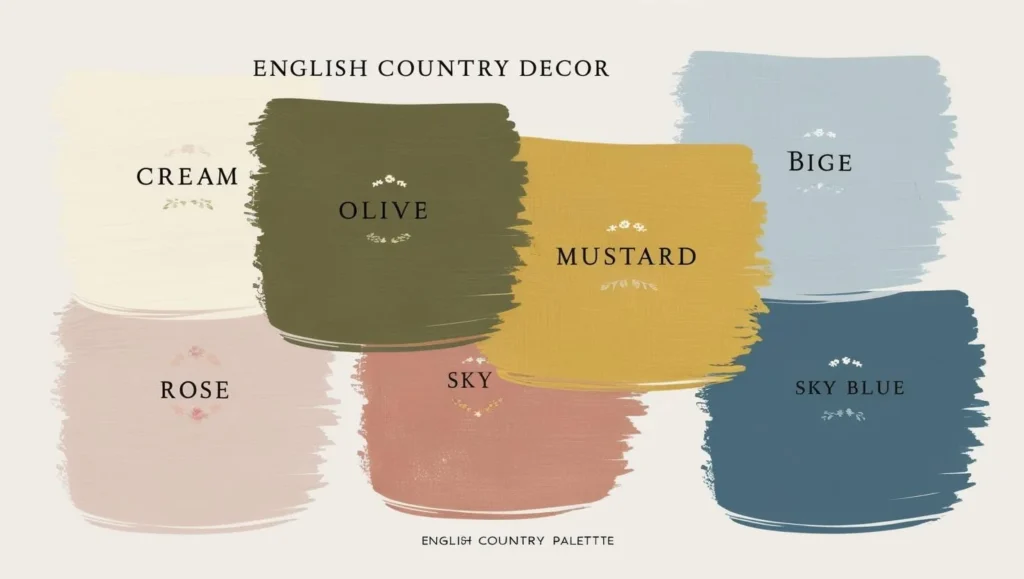 Color palette board with English country style hues and patterns - English Country Decor.