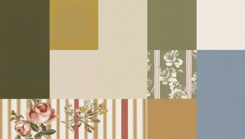 Color palette board with English country style hues and patterns - English Country Decor.