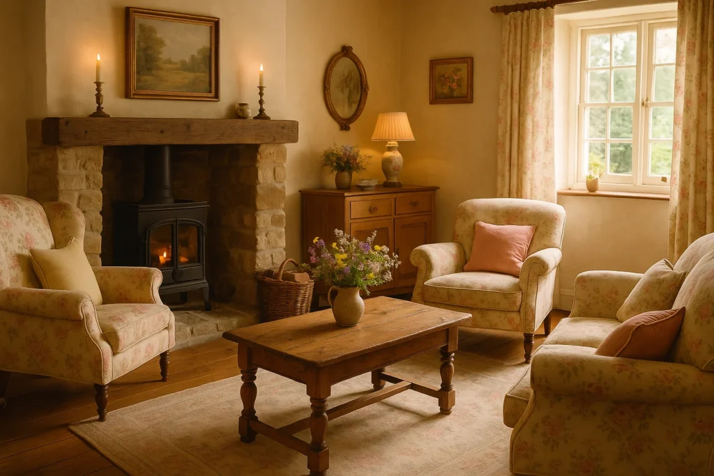 English country living room with a mix of antique and modern furniture - English Country Decor.