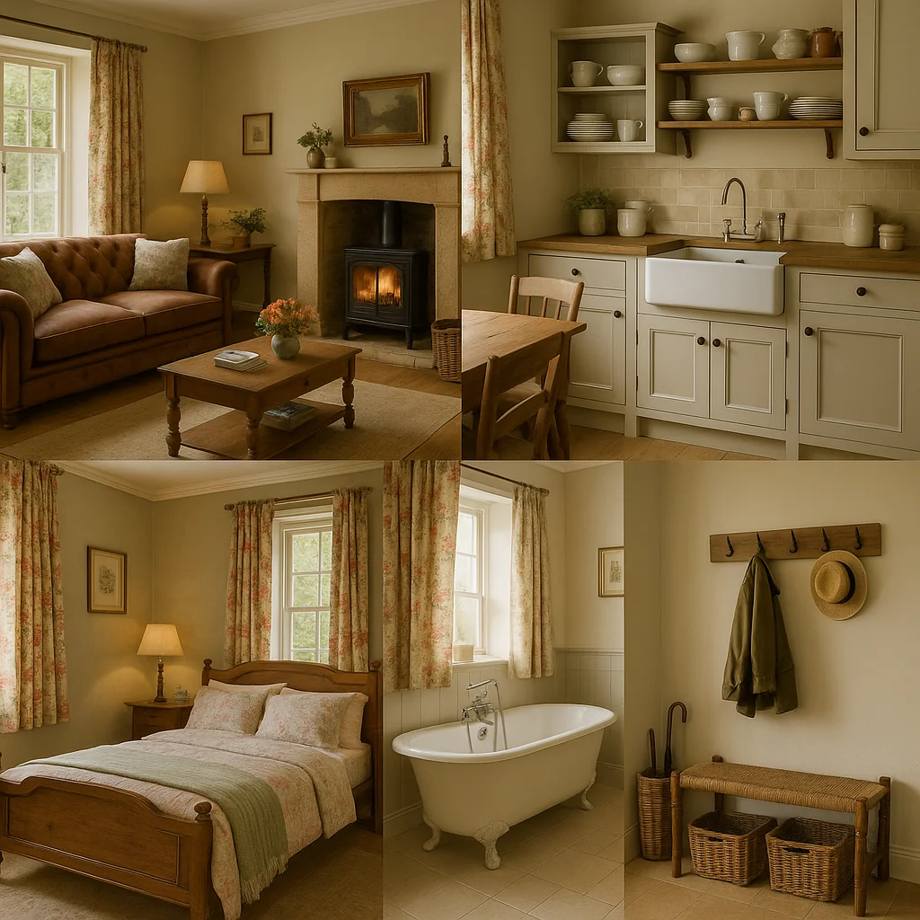 Cozy English country cottage living room with antique furniture and floral decor - English Country Decor.
