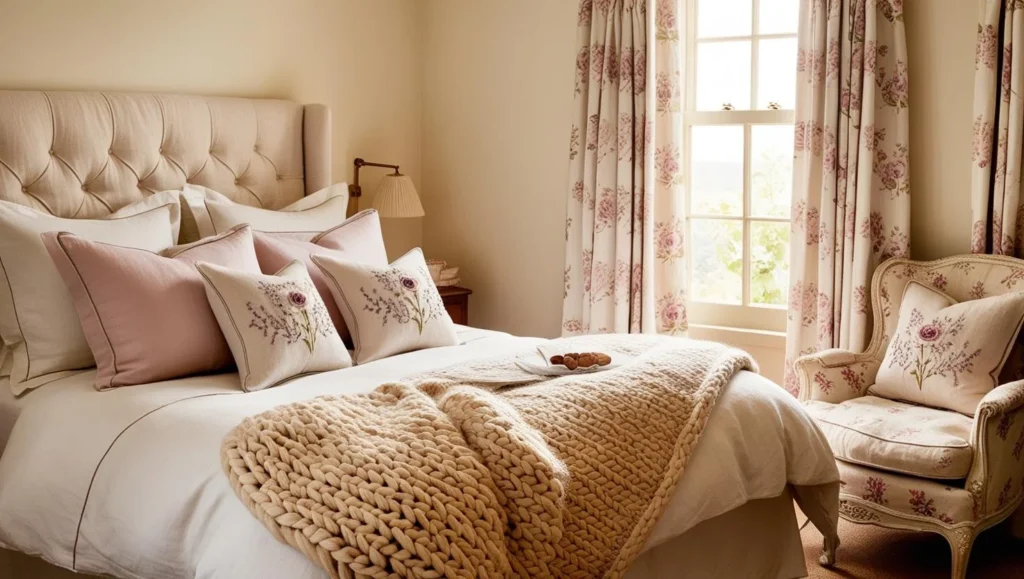 Cozy English country bedroom with layered textiles and floral patterns - English Country Decor.